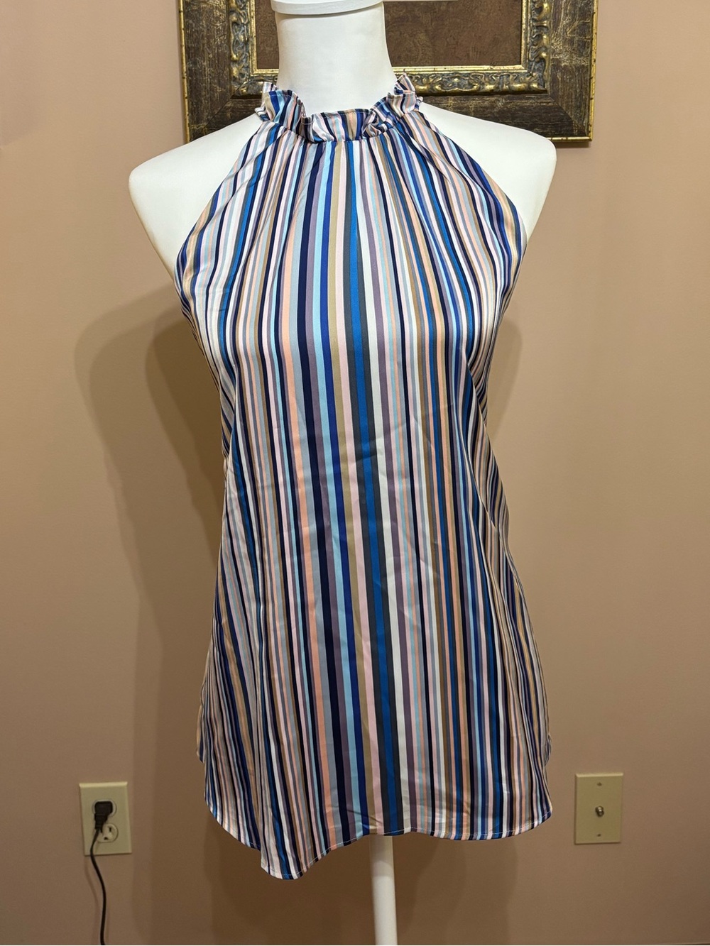 White House Black Market Multi-Stripe Halter Neck Camisole - Blue, Pink, Cream